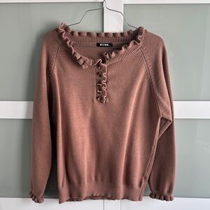 Ruffled Button-Front Sweater in Brown